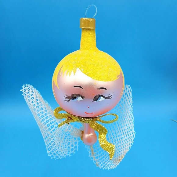 Vintage Pink Glass Angel Ornament Japan 1960s Yellow Glitter Hair Gold Bow v1 - Picture 2 of 10